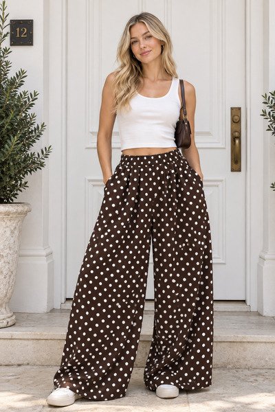 royal prime Pantaloni de damă din țesătură plisată cu buline și picior larg