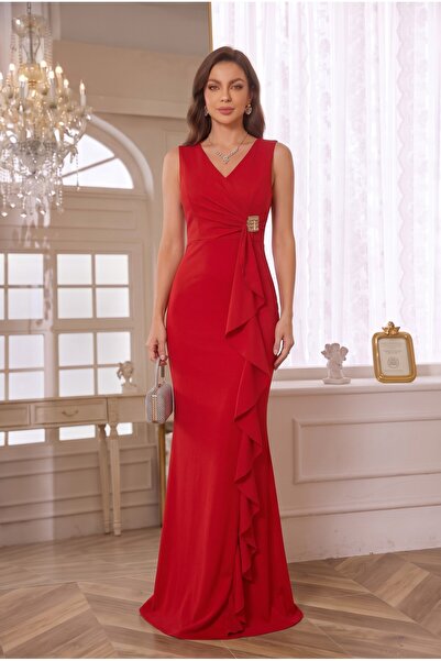 ALFUDO Moda Collection Kadın Kruvaze Yaka Önü Volanlı Gold Taşlı Kırmızı Kadı...