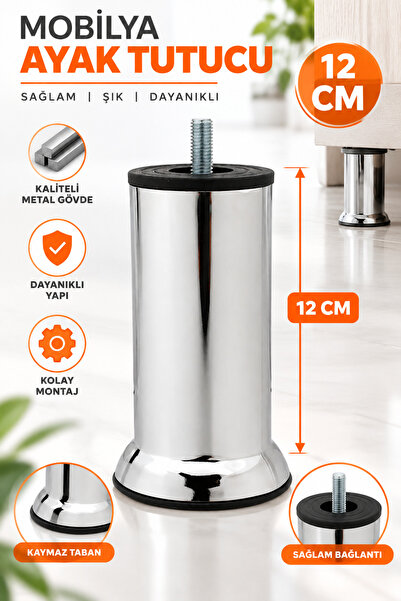 NUBLADO Mobilya Kanepe Baza Koltuk Destek Yükseltme Yükseltici Ayağı M8 Civatalı Krom Metal Ayakları 12 Cm.