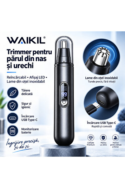 WAIKIL Aparat Tuns Păr Nas și Urechi, Trimmer Reîncărcabil cu Afișaj LED, Lam...