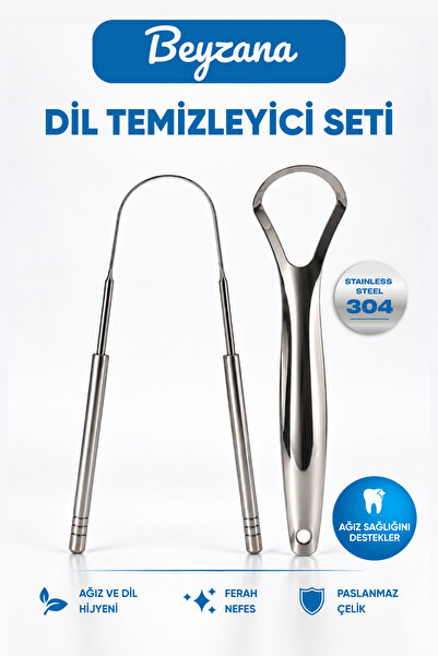 BEYZANA 2 Parça Paslanmaz Çelik Dil Temizleyici ve Dil Sıyırıcı Seti Ağız Kok...