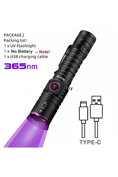 Choice 18650 black 365nm-No battery Zoom UV LED Flashlight 365 395nm Type-C C...