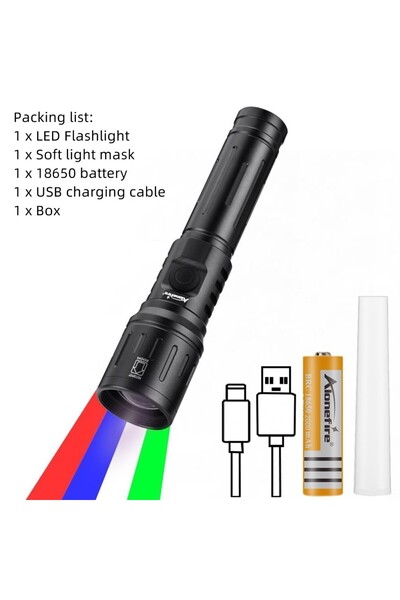Choice X94-18650 Zoom 4-Colour Light White/Red/Green/Blue LED Flashlight USB ...