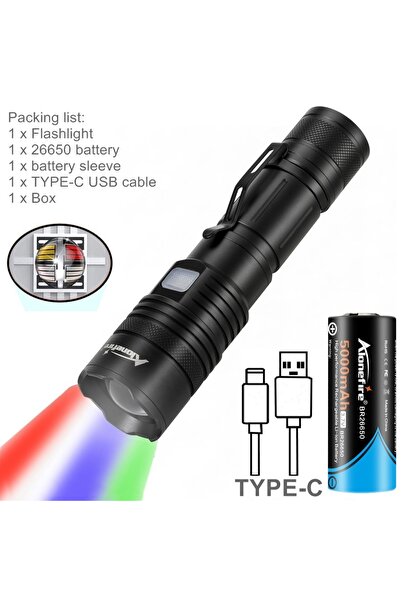 Choice black X37-26650 Zoom 4-Colour Light White/Red/Green/Blue LED Flashligh...