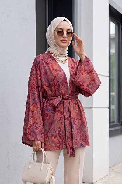 Modamorfo Ethnic Patterned Lace-Up Kimono -Burgundy