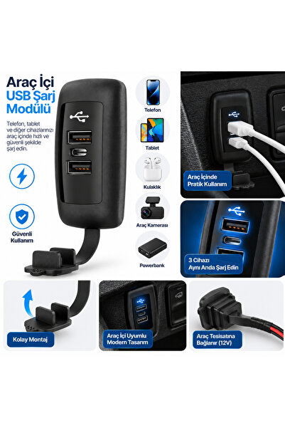 Genel Markalar Araç İçi Gömme Tip 2 USB-A QC3.0 + Type-C PD3.0 Şarj Soketi