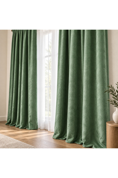 Mastel Set de 2 perdele, culoare verde, cu model de catifea, uni.