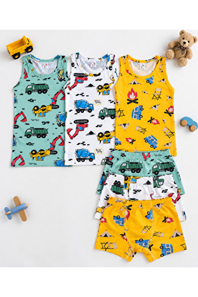elmas kids %100 Pamuklu Likralı Erkek Çocuk Desenli 3 Lü Atlet Ve 3 Lü Boxer ...