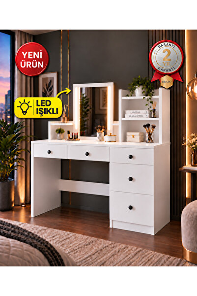 Bravo Home Bravo M1 Hollywood Işıklı Aynalı Makyaj Masası - 5 Çekmeceli, Rafl...