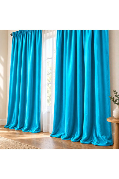 Mastel Set de 2 perdele turcoaz, cu model simplu din catifea