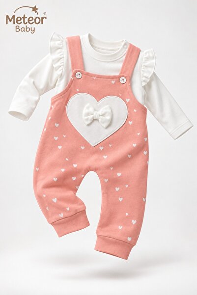 METEOR BABY Baby Girl Salopet Set - Heart and Bow Detailed Ruffled Long Sleev...