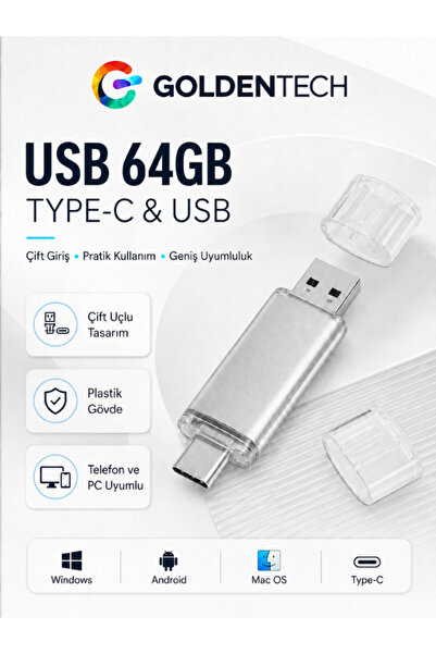 Golden Tech 2 In 1 Çift Taraflı Type-c Usb 2.0 64 Gb Usb Bellek