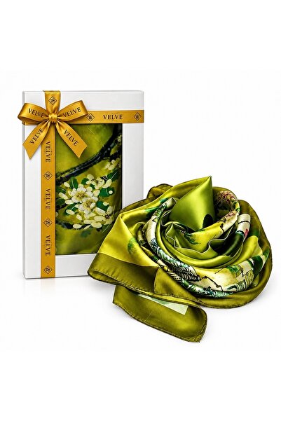 velve Esarfa premium dama cu flori de cires, 70 x 70 cm, Verde olive