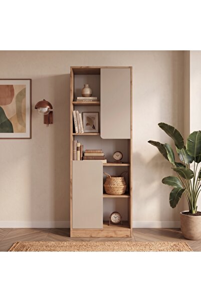 Bimossa W2120 Daffy Kitaplık Sepet-Kumtaşı - 183 cm Yüksek, 2 Kapaklı, Raflı ...