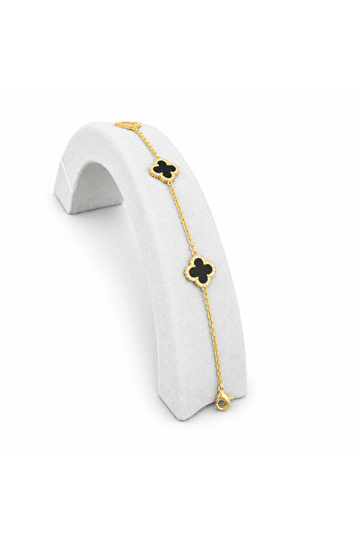 Sizu Accessory 3 Yonca Motifli Siyah 14K Altın Kaplama Kararmaz Bileklik