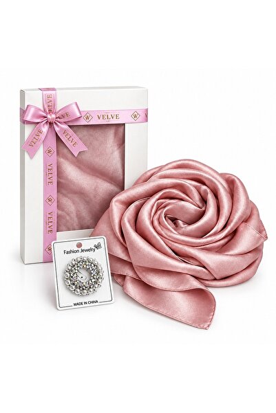 velve Pachet Silky pentru femei cu esarfa eleganta si brosa, 170 x 90 cm, Roz...