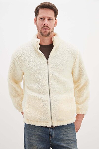 Fulla Moda Zippered Stand Collar Double Pocket Plush Coat