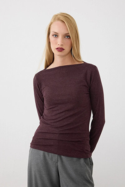 Gusto Boat Neck Long Sleeve Knitted Blouse - Plum