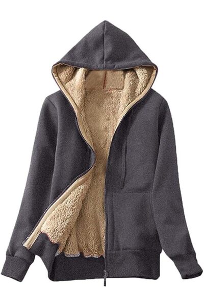 GENERAL Ladies Plain Hoodie Women Fluffy Coat Winter Warm Fleece Lined Zip Up...