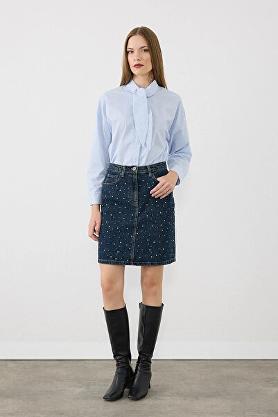Gusto Taş Detaylı Mini Denim Etek - Lacivert