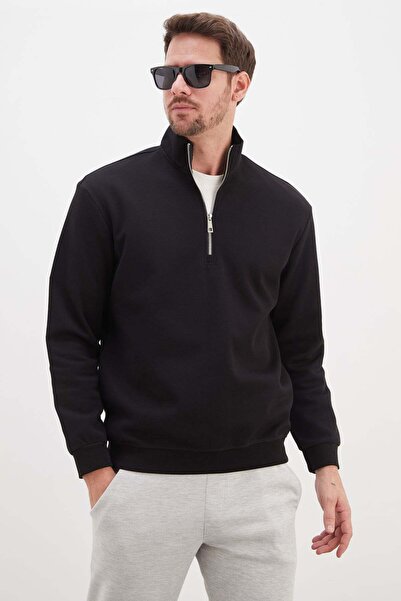 Fulla Moda Half-Zip High Collar Pique Fabric Sweatshirt