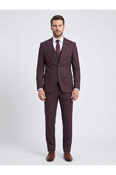 Presto Erkek Yelekli Slimfit Takım Elbise 6 Drop Bordo-773-800dsn