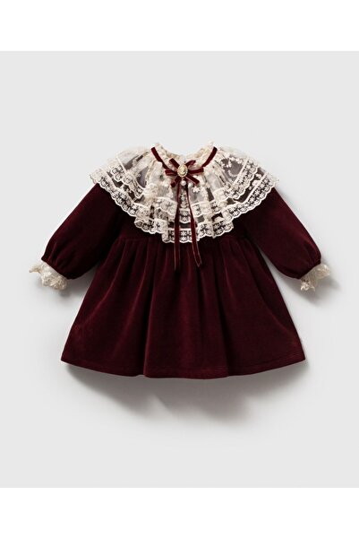 Momercy Madalyon Detaylı Dantel Yakalı Kız Bebek Bordo Kadife Vintage Elbise