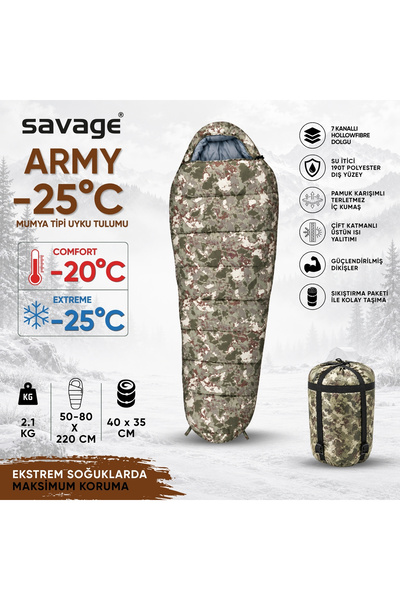 SAVAGE Kamp Uyku Tulumu - Army - Dijital Kamuflaj - Extreme -25C° - YS-525