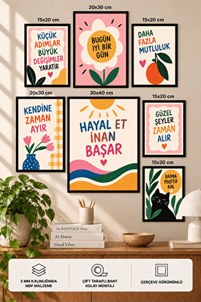 UNT 7'li Çerçeve Görünümlü Modern Tablo Seti | Retro & Pop Art | Motivasyon Y...