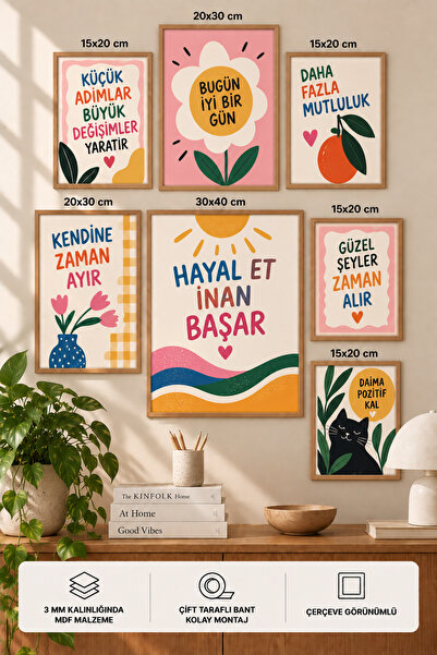 UNT 7'li Çerçeve Görünümlü Modern Tablo Seti | Retro & Pop Art | Motivasyon Y...