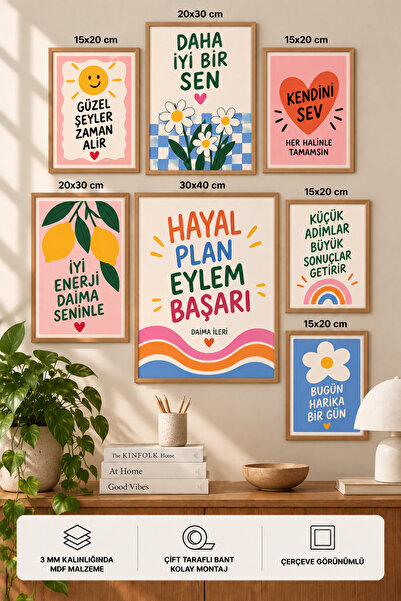 UNT 7'li Çerçeve Görünümlü Modern Tablo Seti | Retro & Pop Art | Motivasyon Y...