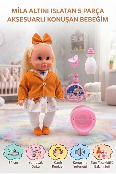 Tıfıl Toys Mila Altını Islatan Konuşan 34 cm 5 Parça Bebek Bakımı Eğitici Aks...