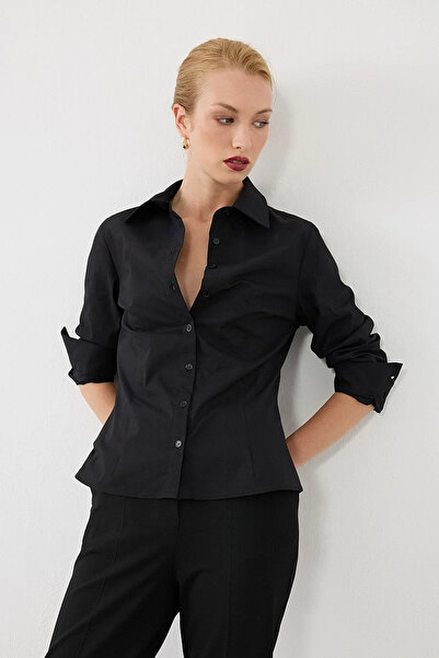 Gusto Manşeti Nakış Detaylı Slim Fit Koton Gömlek - Siyah