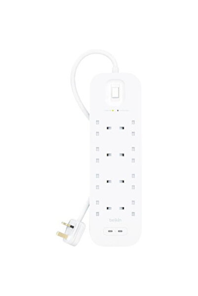 Belkin شريط طاقة بـ 8 منافذ، ومنفذين USB-C، بقوة 30 واط، وكابل بطول 2 متر - أبيض