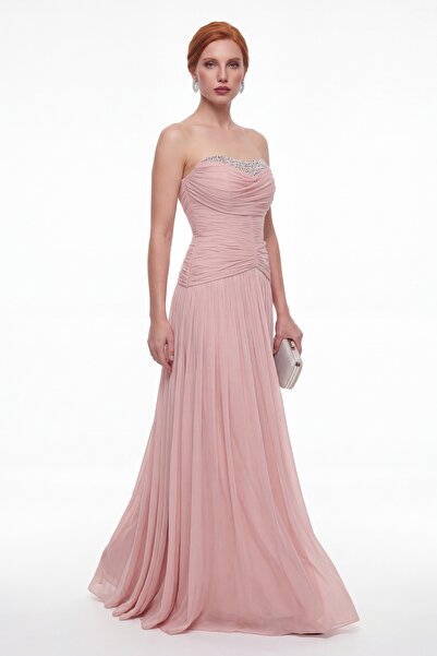 Lafaba Women's Powder Strapless Collar Stone Detail Long Evening Dress