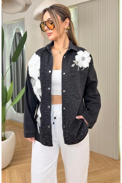 VIORA FASHION NAKIŞLI SİYAH KOT CEKET