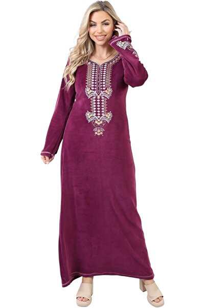 ZECOTEX Women’s Velvet Embroidered Abaya Nightgown | Elegant Purple Winter Ho...