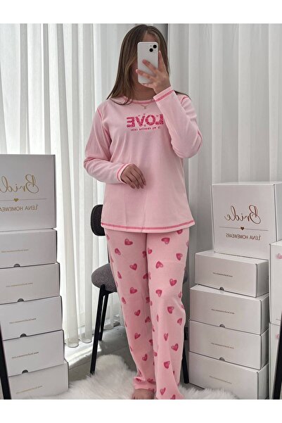 Lena Homewears Pink Love Heart Patterned Long Sleeve Premium Waffle Pajama Set