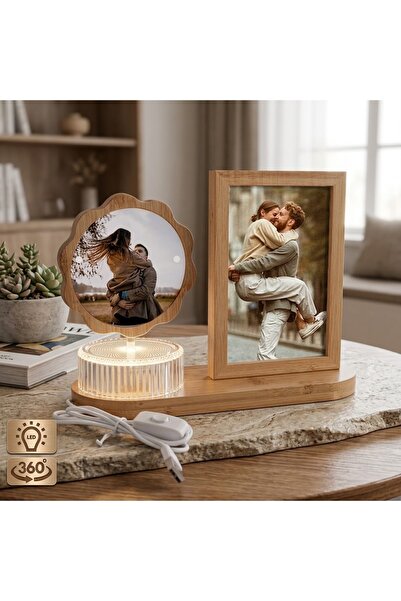 Horasan Hediyelik Papatya Ahşap Dönen Fotoğraf Çerçevesi ve LED Masa Lambası ...