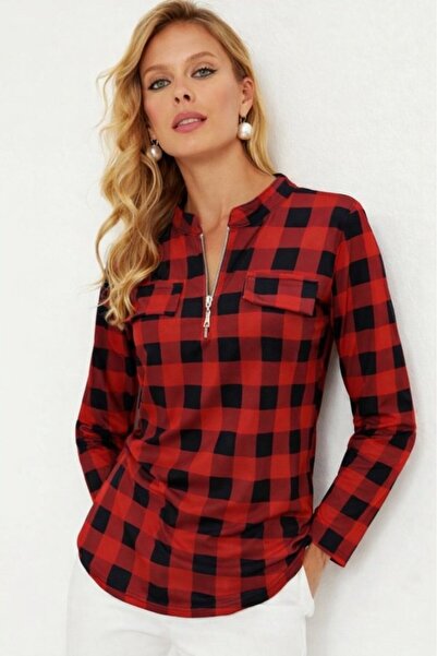 MODA ŞEHRİ Women's Long Sleeve High Neck Zipper Geometric Pattern Single Jers...