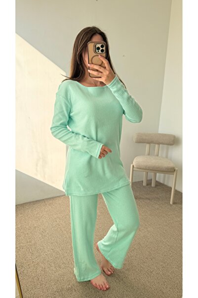 Hepsi Moda Bisiklet Yaka Kalın Fitilli Pijama Takımı - Su Yeşili