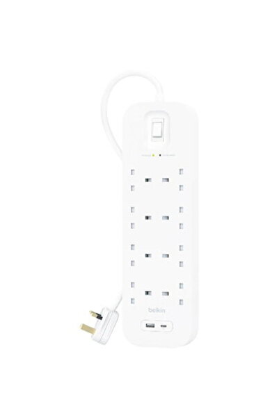 Belkin شريط طاقة بـ 8 منافذ، منافذ USB-A و USB-C، 18 واط، كابل بطول 2 متر، أب...