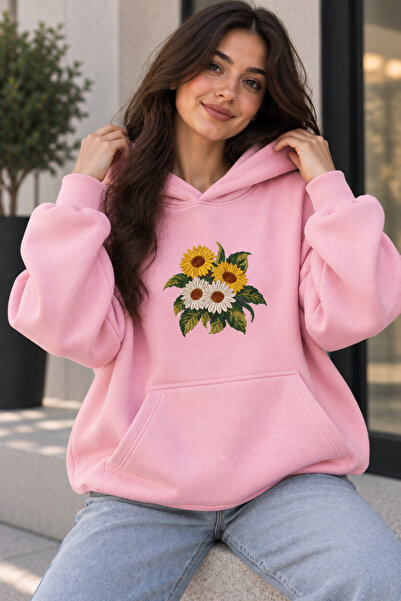 Joetsu Women's Oversize Sunflower and Daisy Printed Hooded Sweatshirt with Ka...