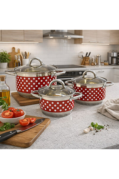 AT Performance Set Oale din inox 3 Piese cu Capace din Sticlă – Design cu Buline, Compatibile cu Toate Sursele de