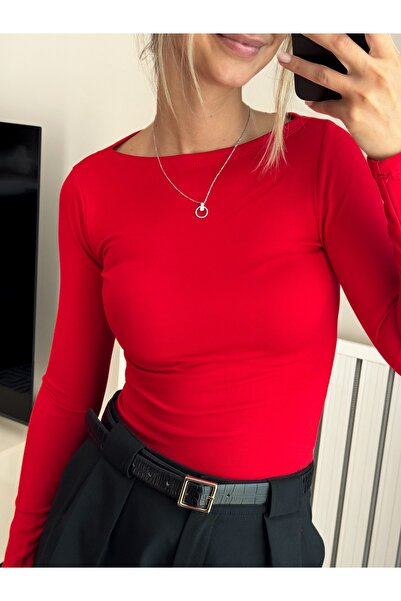 Kadın Modal Örme Kayık Yaka Uzun Kollu Büzgü Detaylı Slim Fit Crop Bluz