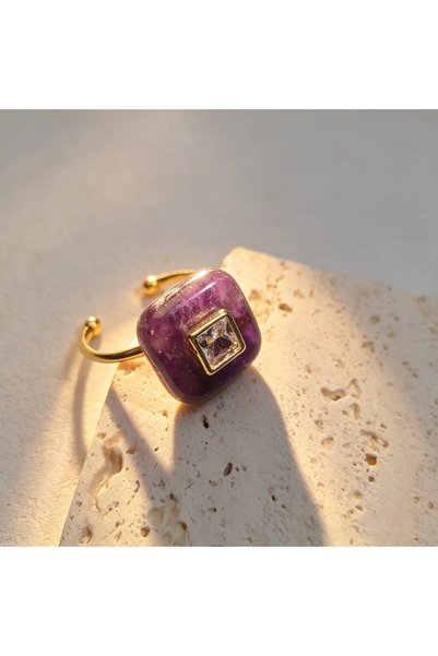 Choice Amethyst 1pc Natural Square Stone Ring With Zircon Paved Fine Handmade...