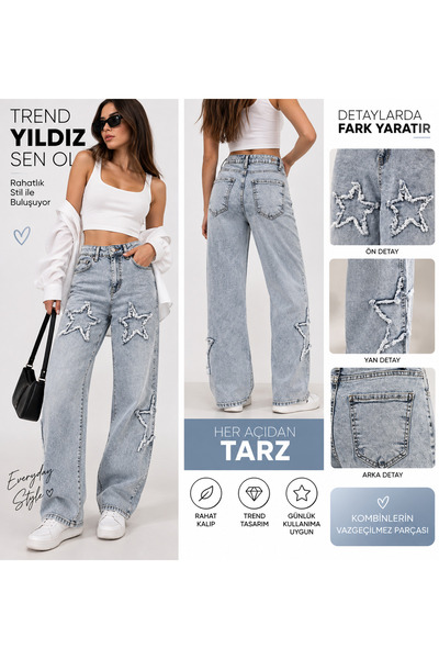 Ravello Collection Kadın Yüksek Bel Yıldız Detaylı Açık Mavi Palazzo Jean Pan...