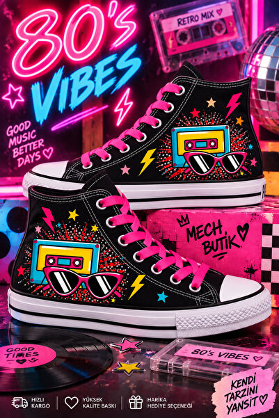MECH BUTİK 80 Ler Konseptli Siyah-Beyaz Keten Spor Ayakkabı Sneaker