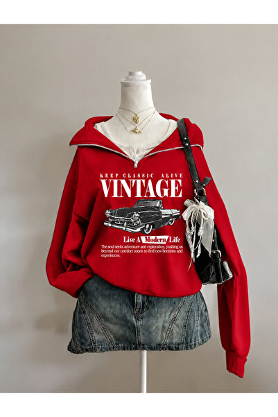 Revasser Unisex Erkek/Kadın VINTAGE DİK Özel Baskılı Renkli Dik Yaka Yarım Fe...