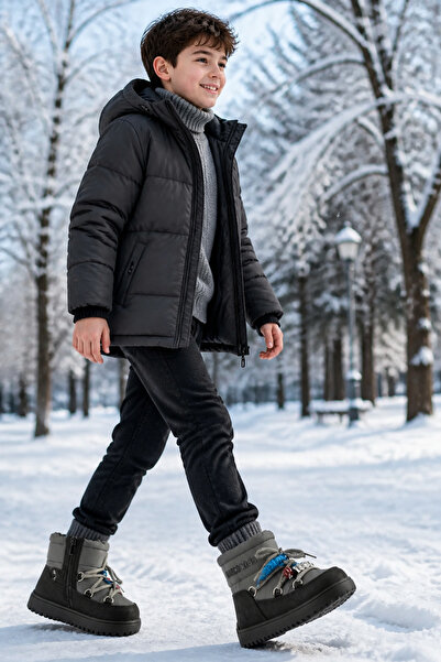 ByCukurovaFrango Stylish Anatomical Boys' Black Zippered Lace-Up Casual Boots...